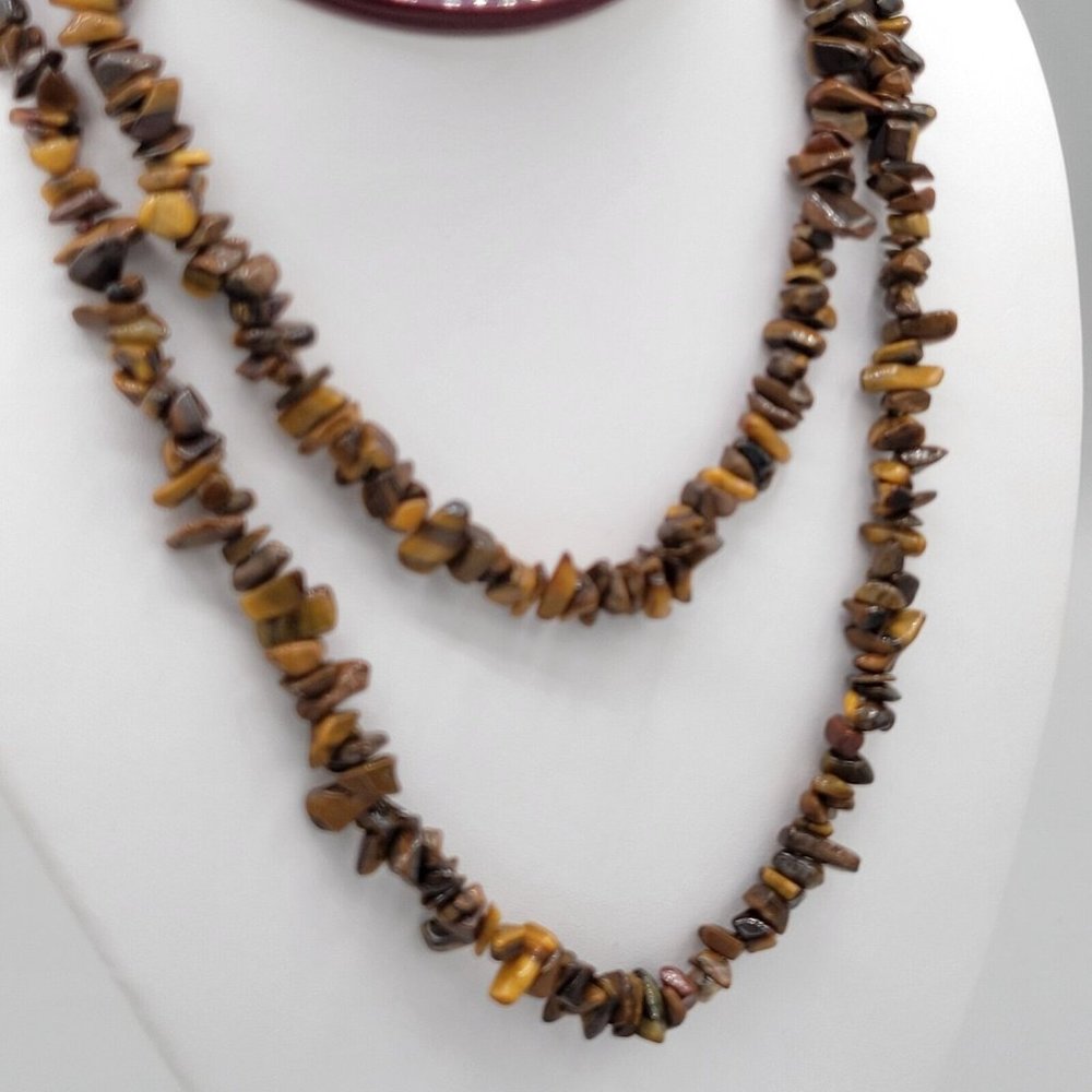 Unisex Natural Brown Tiger's Eye Stone Chips Beaded Fashion Necklace 32 in - Picture 2 of 5